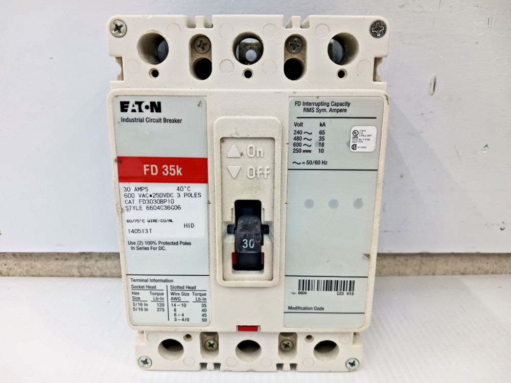 EATON 30 AMP CIRCUIT BREAKER 3 POLE 600 VAC / 250 VDC 35kA FD3030BP10