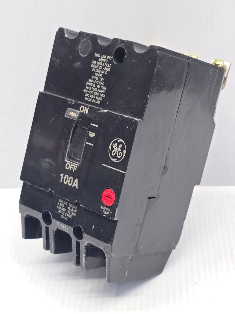 GE 100 Amp Bolt-On Circuit Breaker 480/277 VAC 3 Pole 65 kA TEY3100