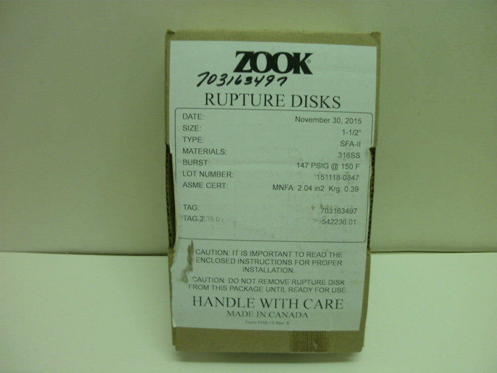 ZOOK SFA-II 1-1/2" RUPTURE DISKS 316SS BURST 147 PSIG @ 150 F NEW IN BOX