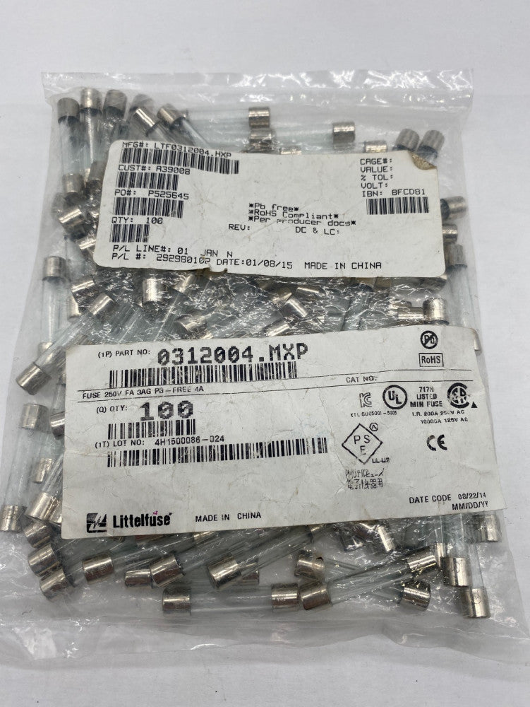 Littelfuse 0312004.MXP Fast Blow 3AG Glass Fuse, 250V 4Amps (Pkg of 100)