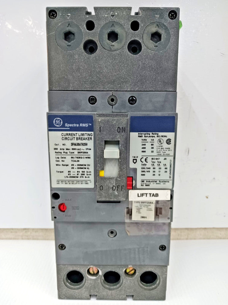 GE 250 Amp Circuit Breaker 3 Pole 600 VAC SFHA36AT0250 W/ 200 Amp Trip Plug