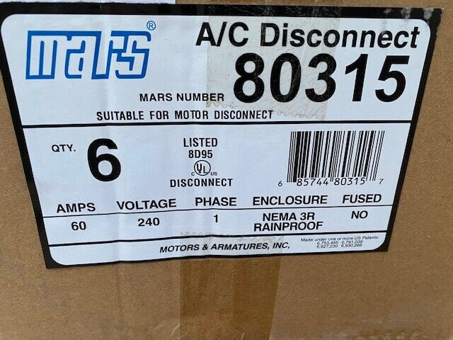 (Case of 6) Mars 80315 Non-fusible Disconnect Switch, 60a, 240v (NEW)