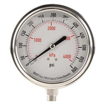 Zoro Select 4Cfk5 Commercial Pressure Gauge, 0 To 600 Psi, 3 1/2 In Dial, 1/4