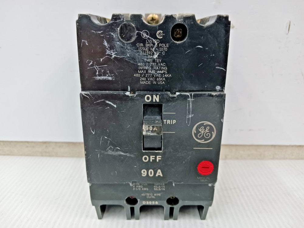 GE 90 Amp Bolt-On Circuit Breaker 3 Pole 480/277 VAC 65kA TEY390