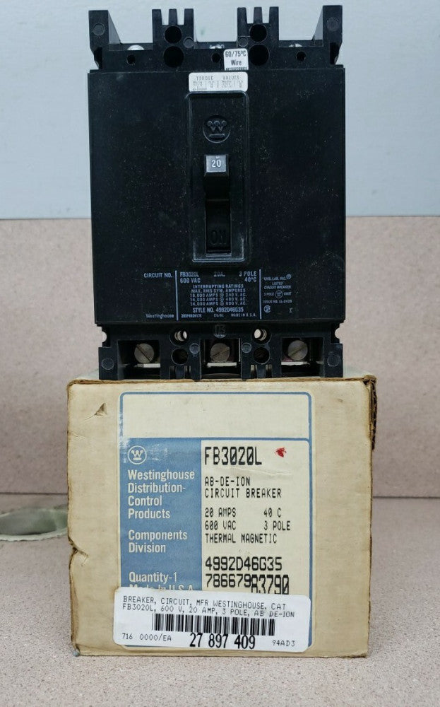 NEW TAKE OUT Westinghouse FB3020L 20A 600V 3 Pole Circuit Breaker