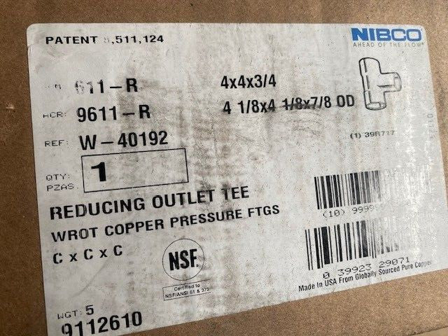 4x4x3/4 In. Copper Tee Pipe Fitting WROT CxCxC NIBCO 611 9112610 (NEW)