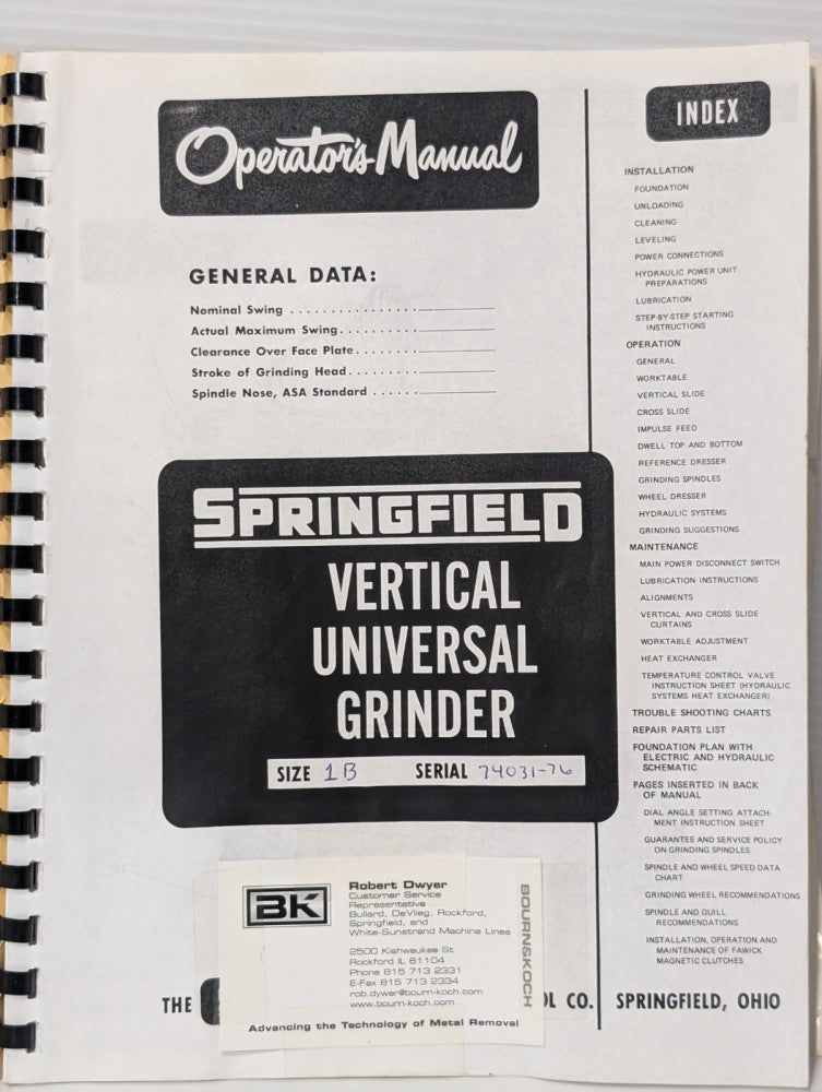 Springfield Model 1B-TR Vertical Universal Grinder Operators Owners Manual