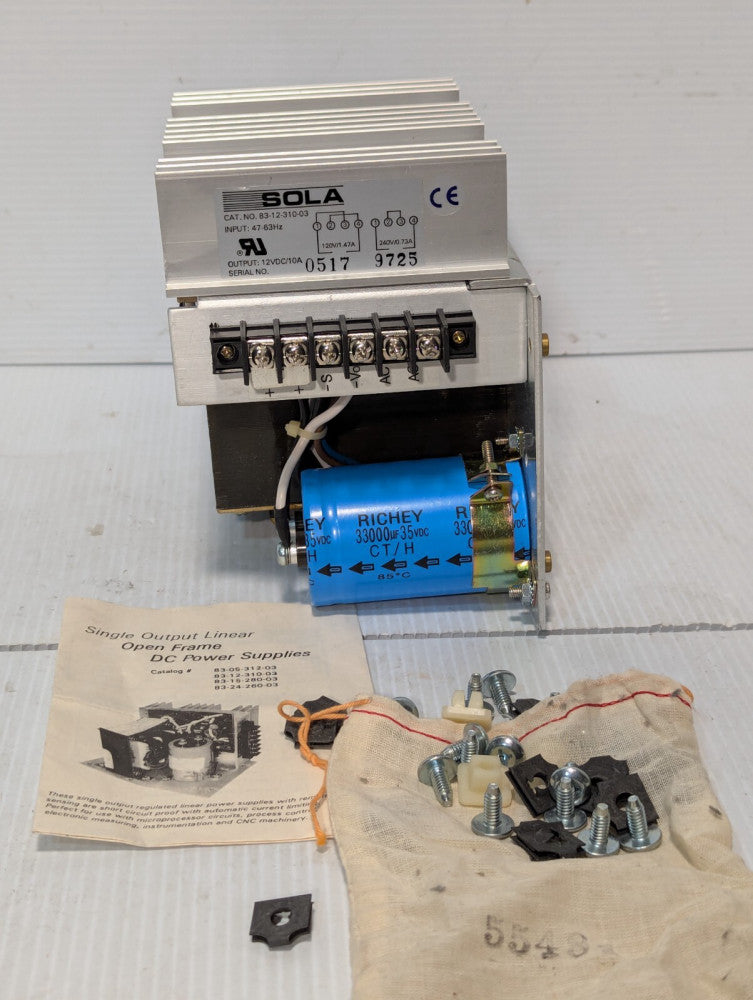 SOLA 83-12-310-03 power supply, output 12VDC/10A, input 120/240VAC, 47-63Hz