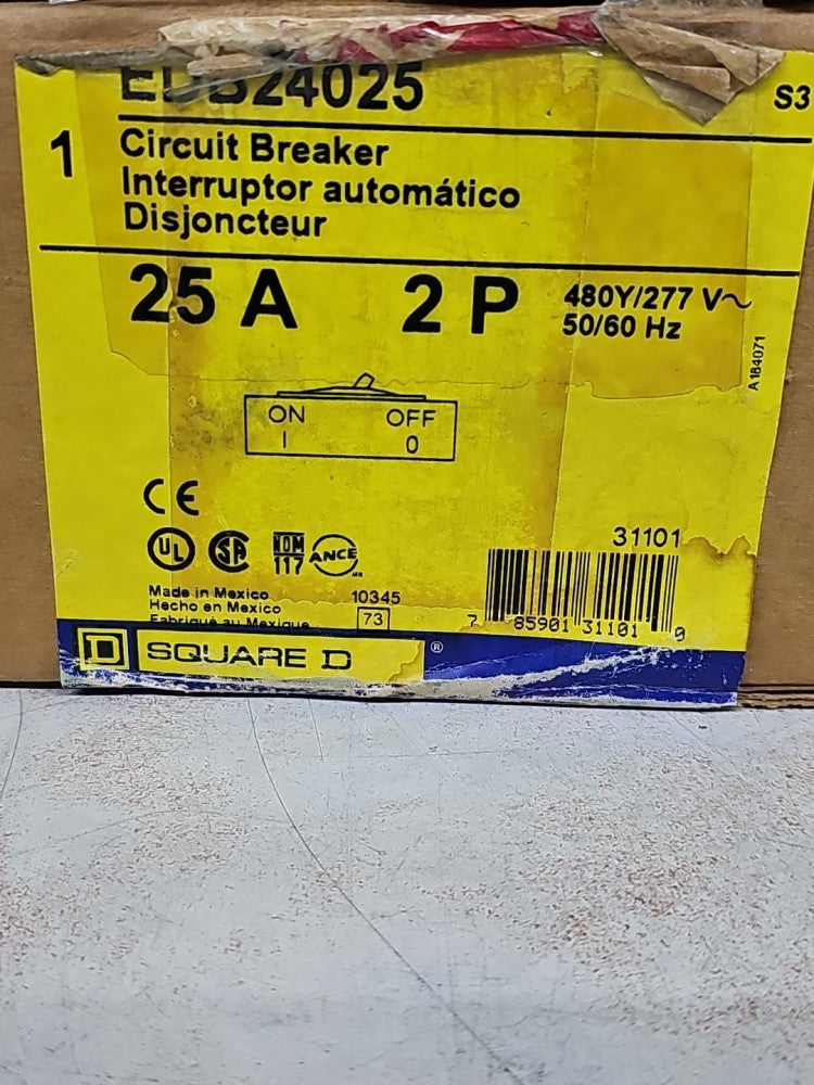 Square D EDB24025 2 Pole 25 Amp 480Y/277V Circuit Breaker NOS