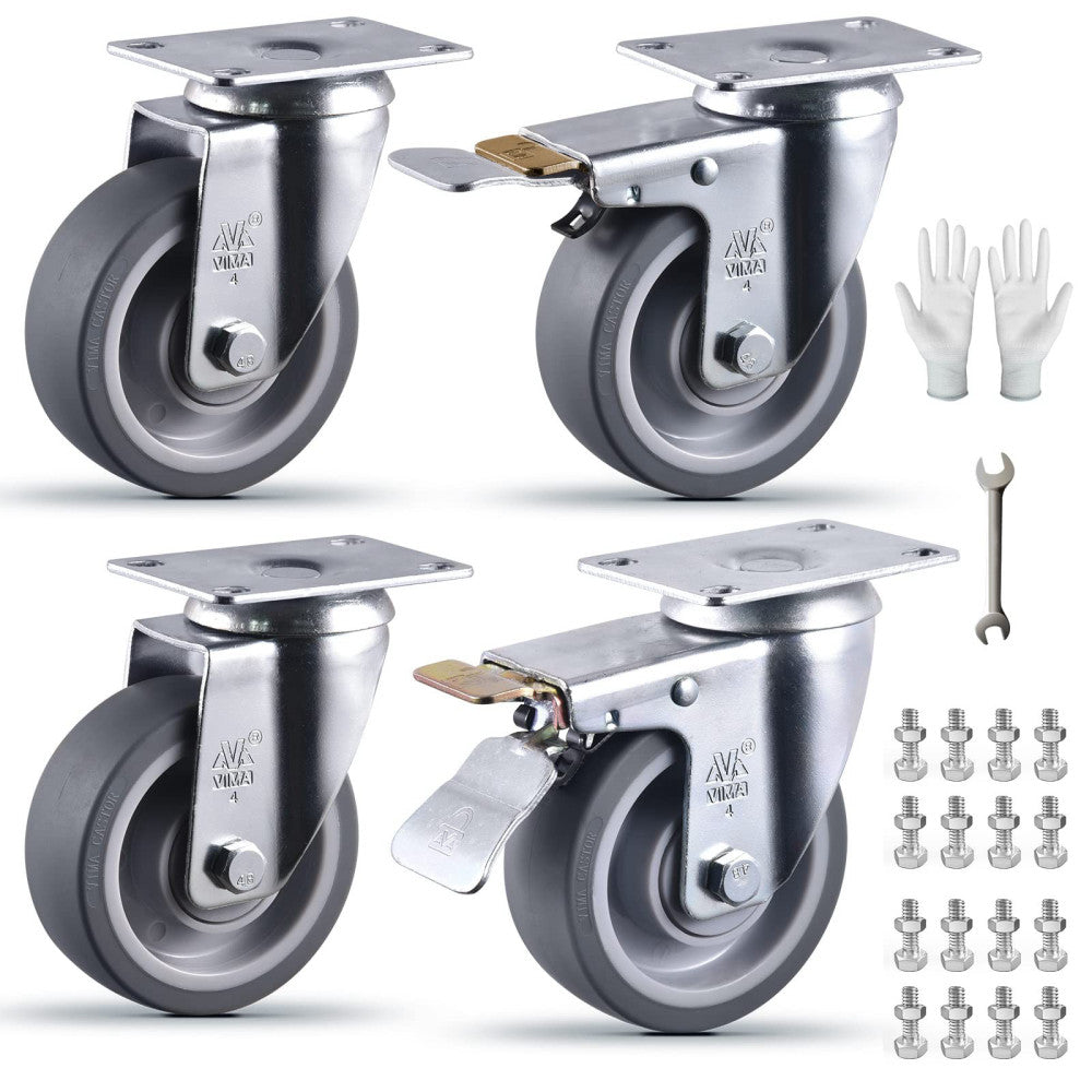 4 Inch Castets Set of 4 Heavy Duty Caster Wheels with Brake 2200Lbs Swivel TP...