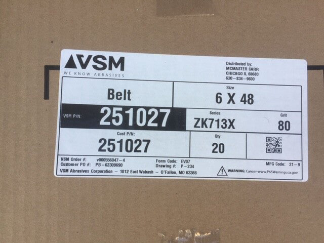 (Case of 20) VSM 251027 6" x 48" Abrasive Belt 80 Grit (NEW)