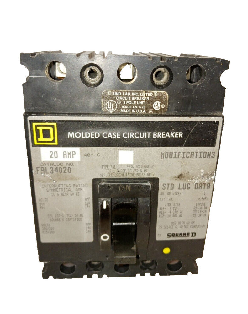 SQUARE D 20 AMP CIRCUIT BREAKER 3 POLE 480 VAC FAL34020