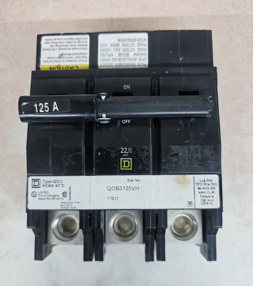 Square D QOB3125VH Bolt On Circuit Breaker 125A 3P 240V 3 Pole NTO