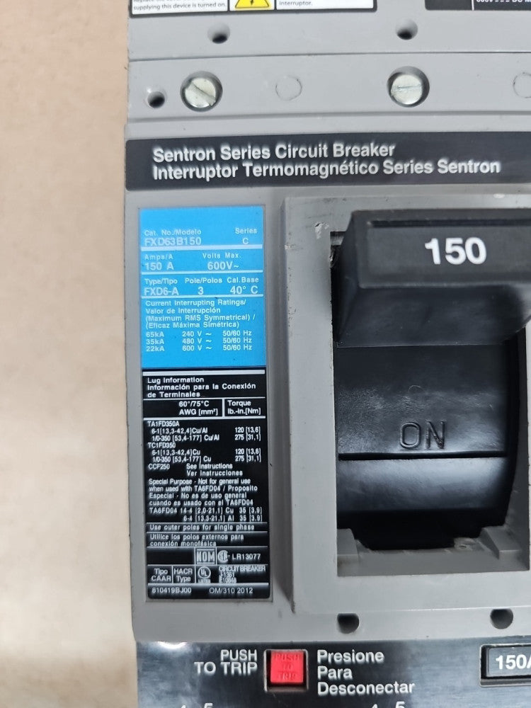 SIEMENS FXD63B150 150 amp 600 volt 35kA@480v 3P Circuit Breaker NTO