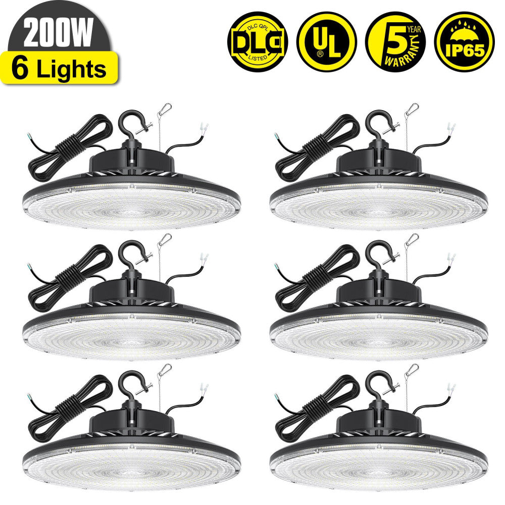 6Pack 200W UFO Led High Bay Light Industrial Factory Commerical Light Fixture 5k