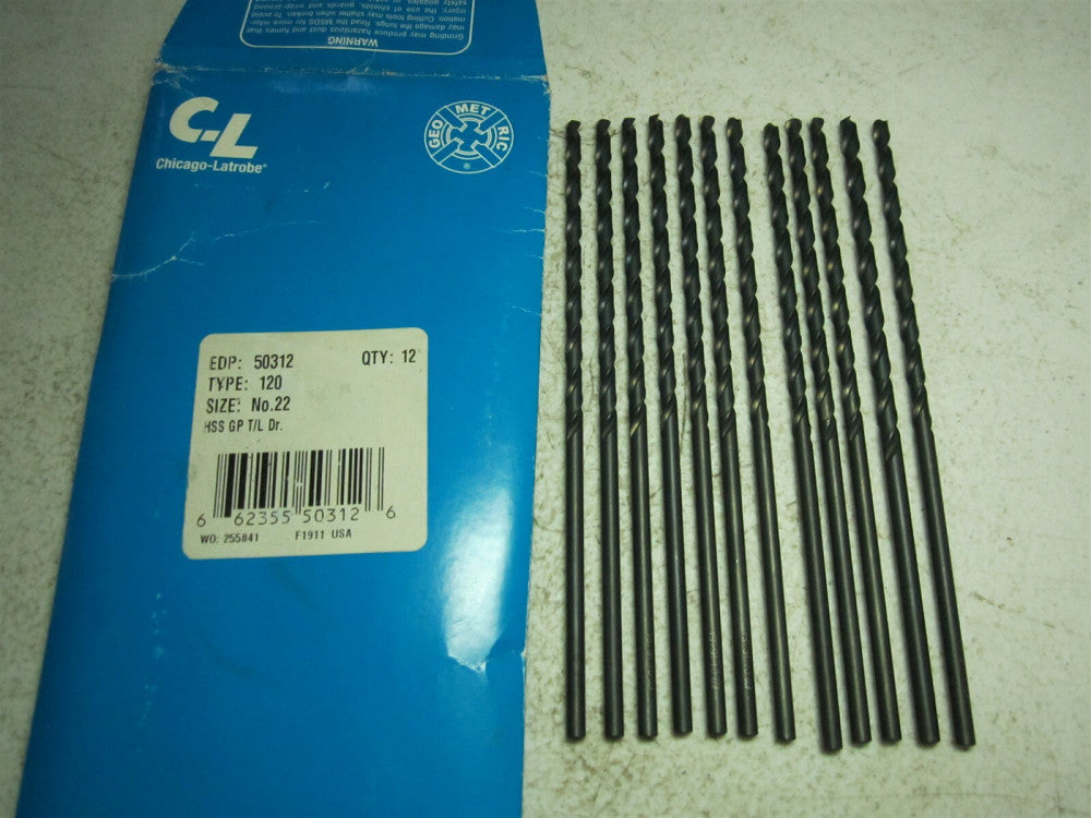 Chicago - Latrobe (50312) #22 118° Spiral Fl HSS Taper Length Drill Bit - Qty 12