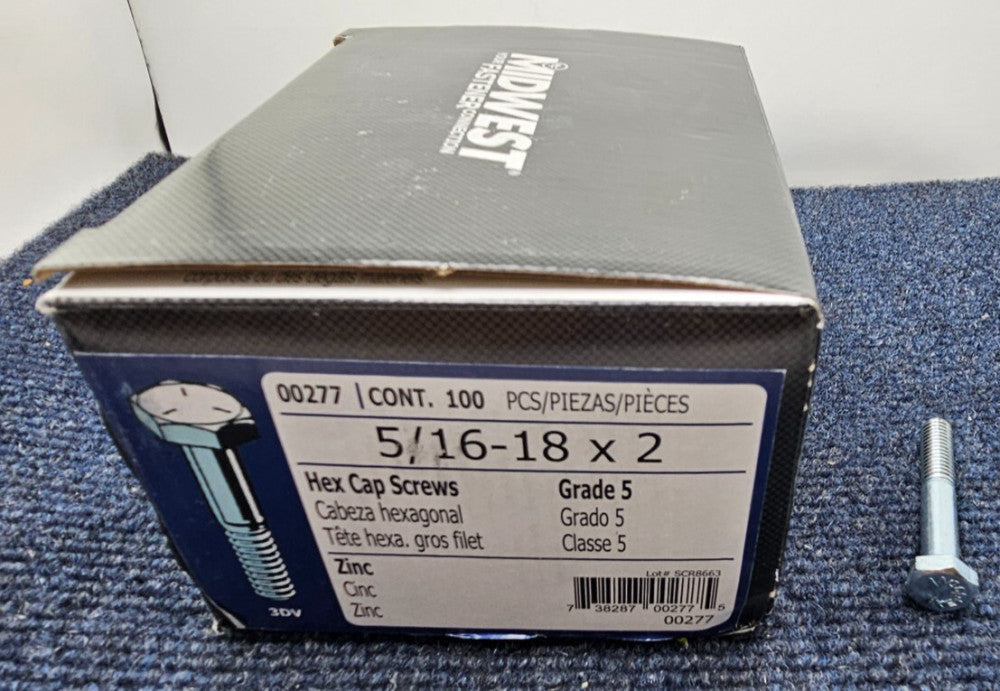 (QTY 100) Midwest 00277 5/16"-18 x 2" Zinc Grade 5 Hex Cap Screw