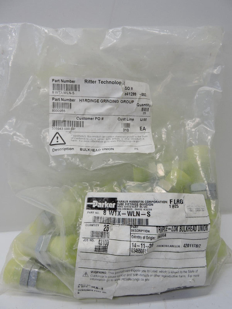 (25 Pack) Parker 8 WTX-WLN-S Triple-Lok Bulkhead Union GENUINE OEM - NEW!