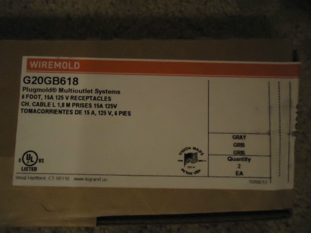 (Box of 2) Wiremold # G20GB618 Plugmold 6ft 15A 125v Receptacles (NEW)