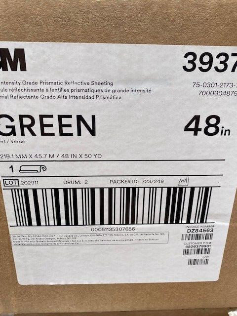 3M 3937 High Intensity Grade Prismatic Reflective Sheeting Green, 48 in x 50 yd