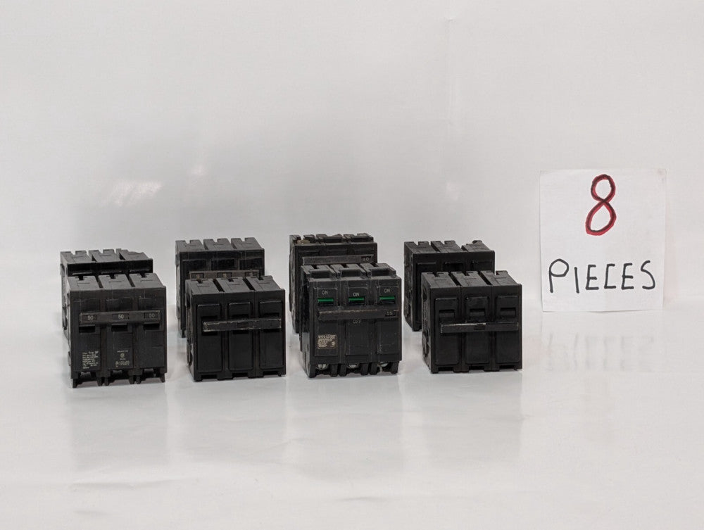 (8) 3-Pole Circuit Breakers, Assorted Amperages and Brands, See Photos