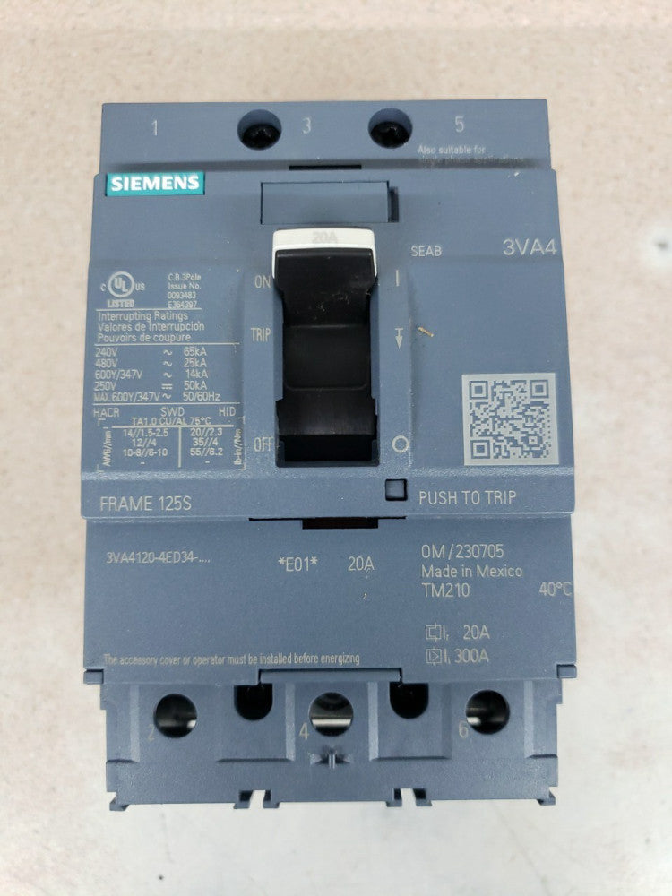SIEMENS 3VA4120-4ED34-0AA0 125S 3VA4 20 AMP 3P 25kA@480V CIRCUIT BREAKER NTO