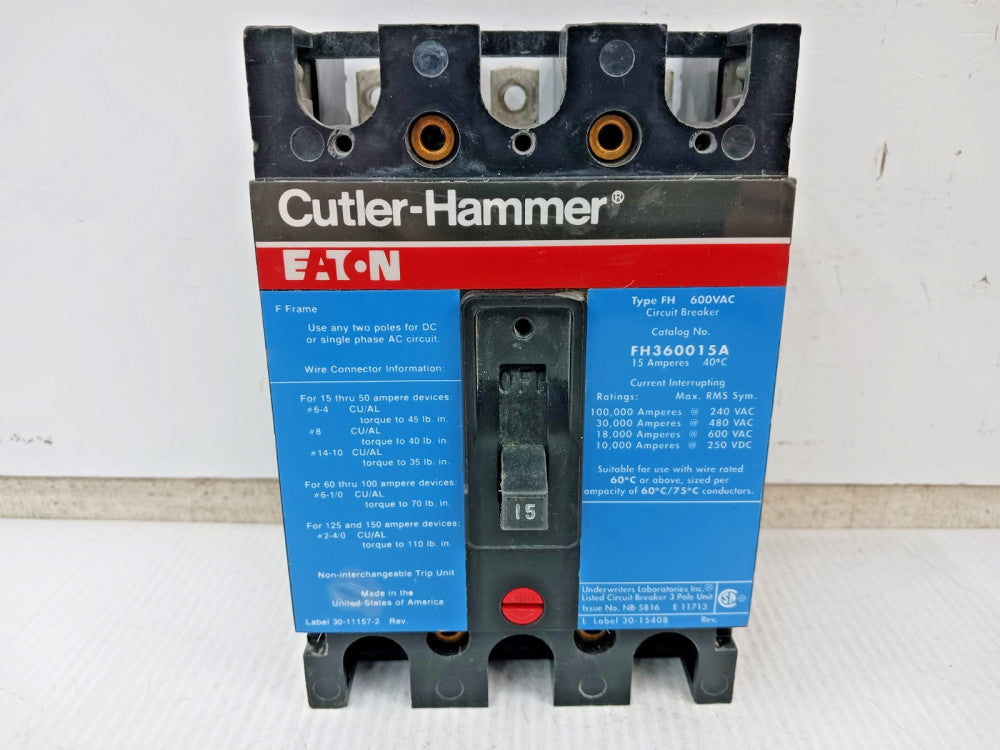 Eaton / Cutler Hammer 15 Amp Circuit Breaker 3 Pole 600 VAC / 250 VDC FH360015A