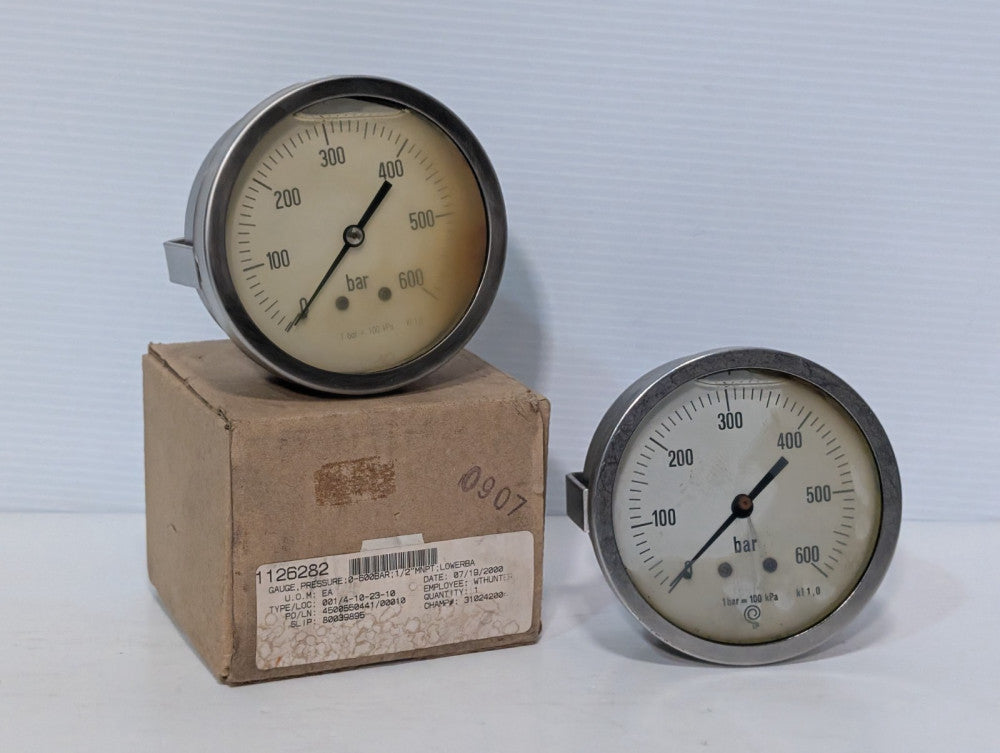 Lot of 2: 1126282 Lower Mount Pressure Gauges, 0-600 Bar, 1/2" MNPT