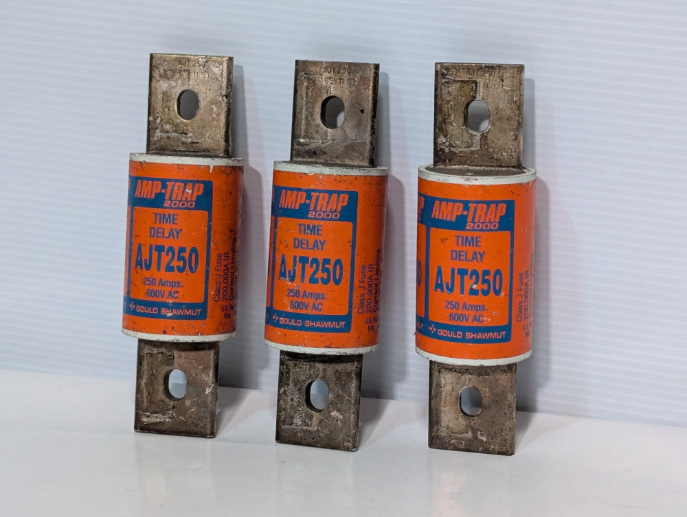 Lot of 3 Gould Shawmut Amp Trap 2000 AJT250 Fuses, 250A, 600VAC, Time Delay