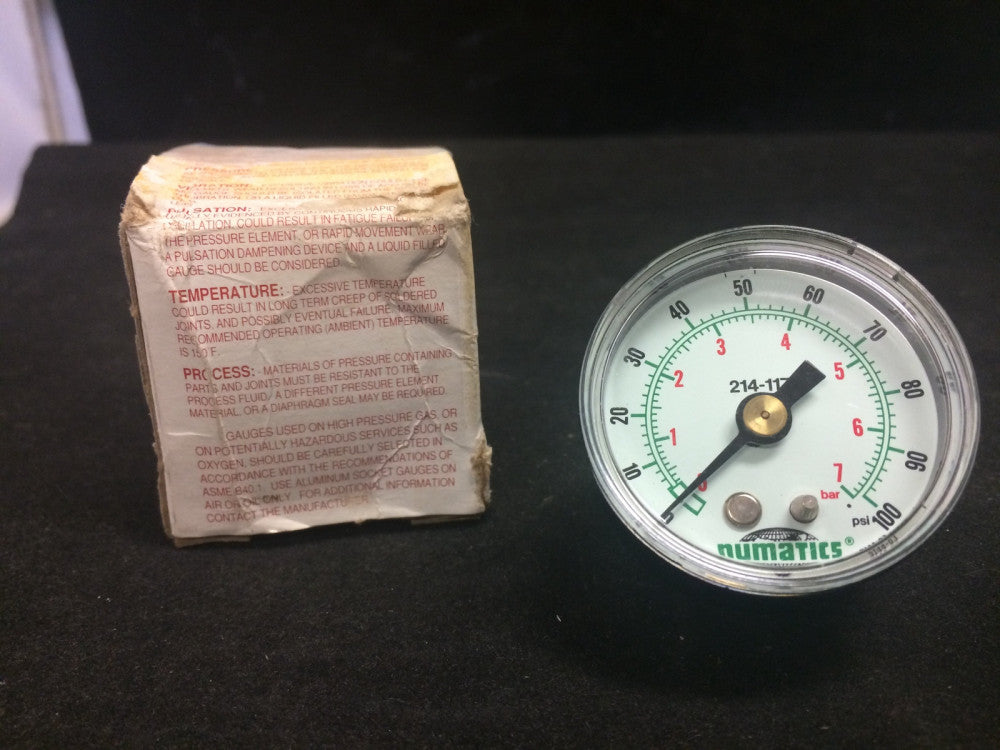 NEW Numatics 214-117 Pressure Gauge 1.5" Dia. 0-100Psi 0-7Bar