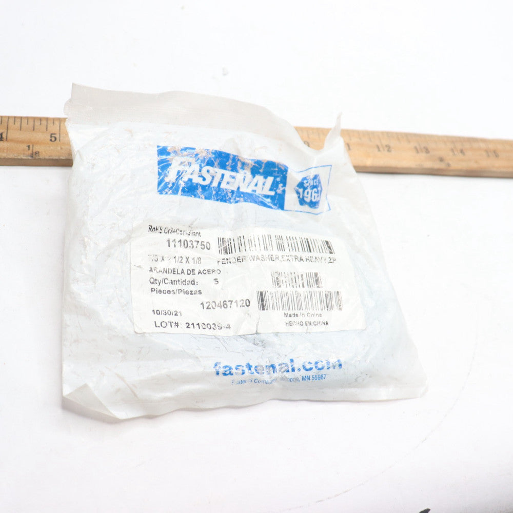 (5-Pk) Fastenal Thick Fender Washer Low Carbon Steel Zinc Finish 7/8" x 2.50"