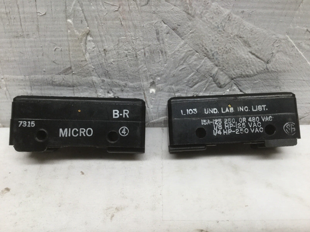 Micro Switch B-R Pin Plunger 15A 125, 250 or 480 VAC (Lot of 2)