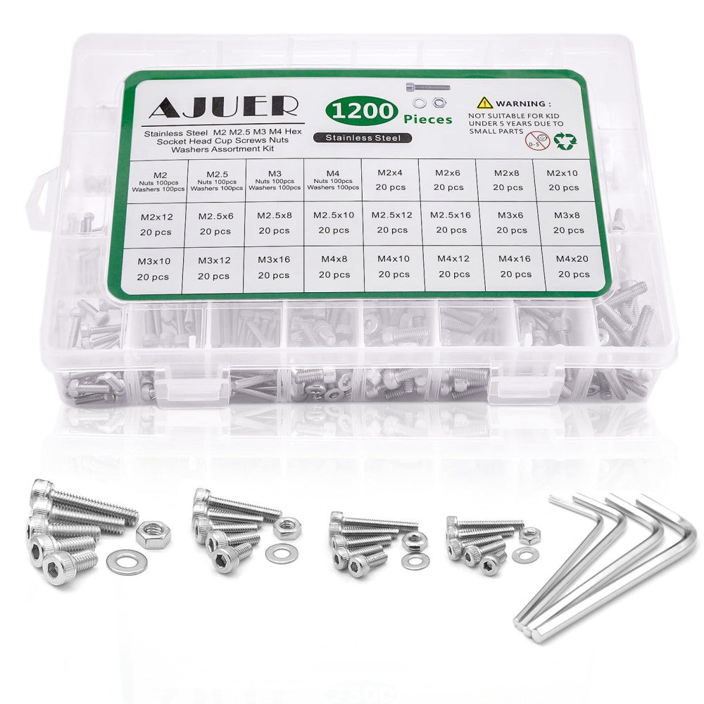 1200pcs M2/M2.5/M3/hex Socket Head Cap Screws Bolts Nuts Washers Assortment K...