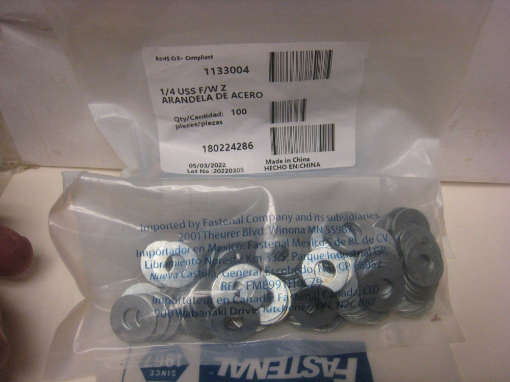 Fastenal 1133004 1/4" x 0.734" OD Zinc Finish Steel USS Flat Washer QTY 100