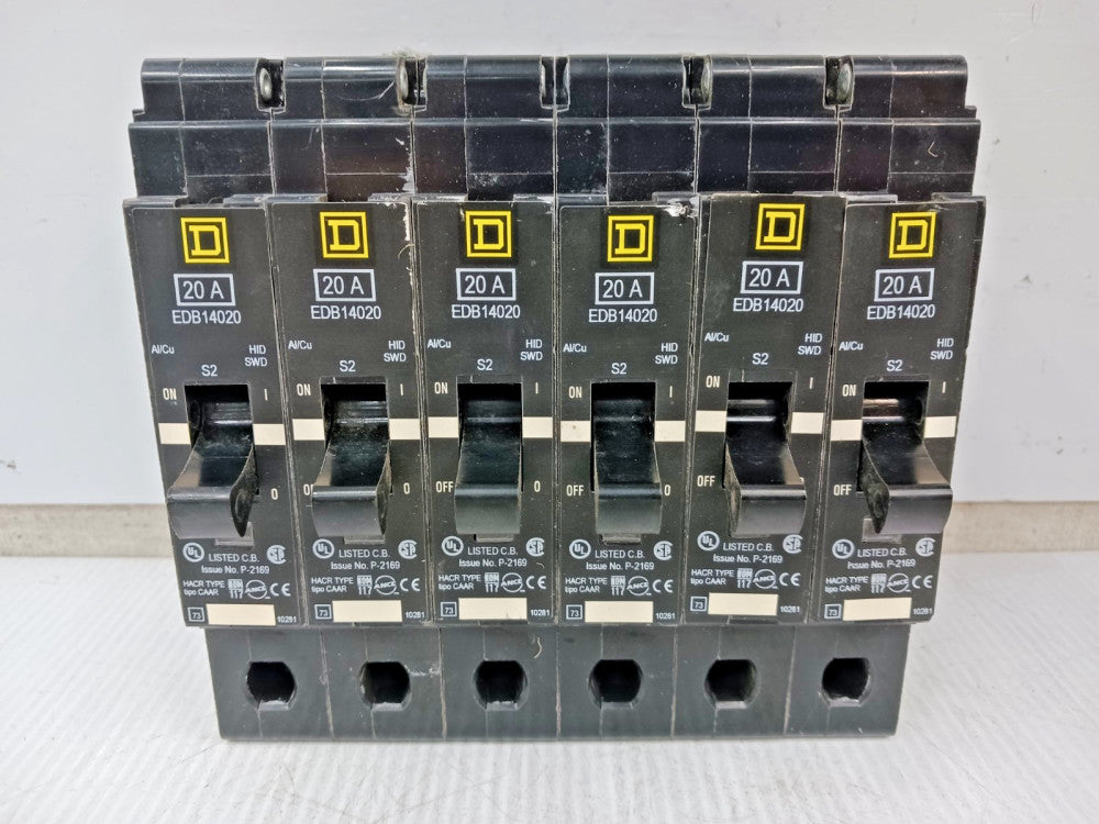 Lot Of 6) Square D 20 Amp Bolt-On Circuit Breaker 1 Pole 277 VAC 18kA EDB14020