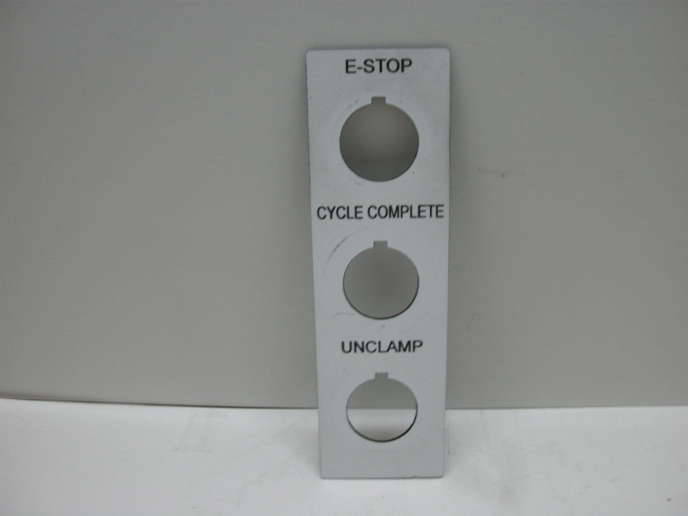 LEGEND PLATE 3-HOLES(E-STOP / CYCLE COMPLETE / UNCLAMP) 30mm HOLE PLASTIC