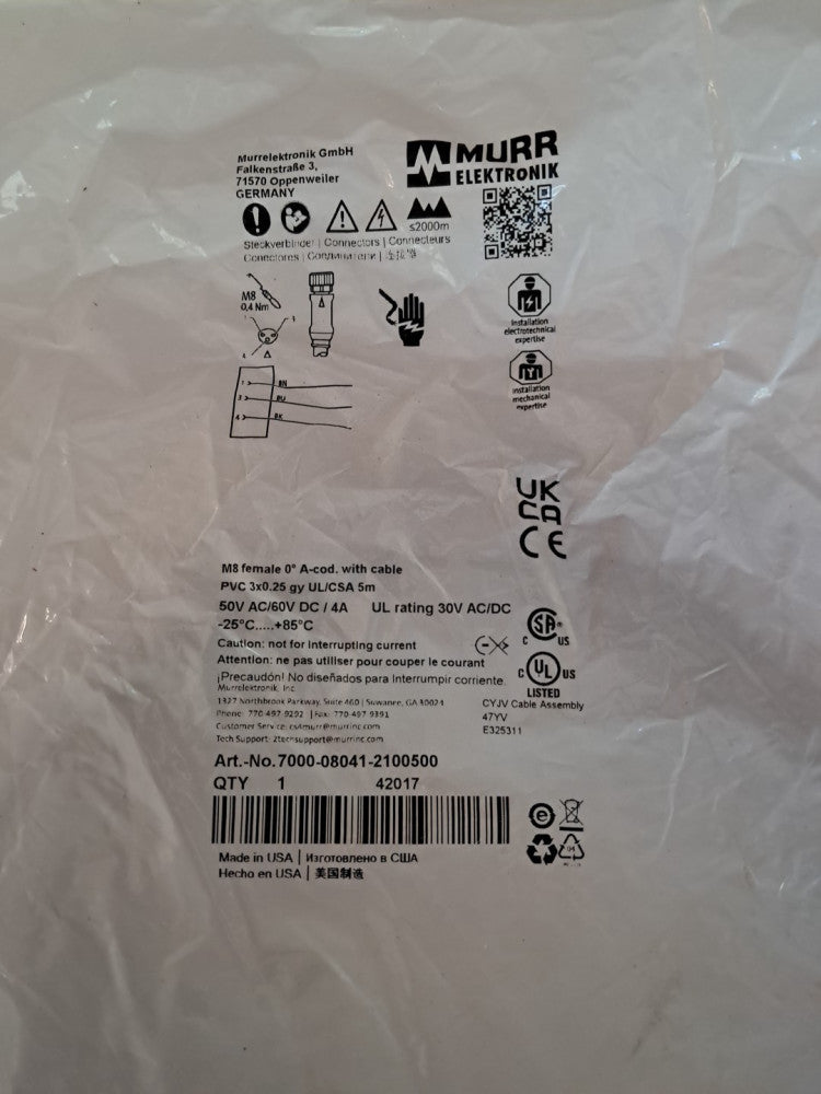 Murr Elektronik 7000-08041-2100500 M8 Female 0° 5m Cable - New
