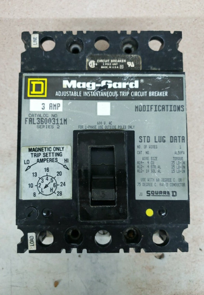 New old stock SQUARE D MAG-GARD CIRCUIT BREAKER 3-POLE 3-AMP 600V FAL3600311M