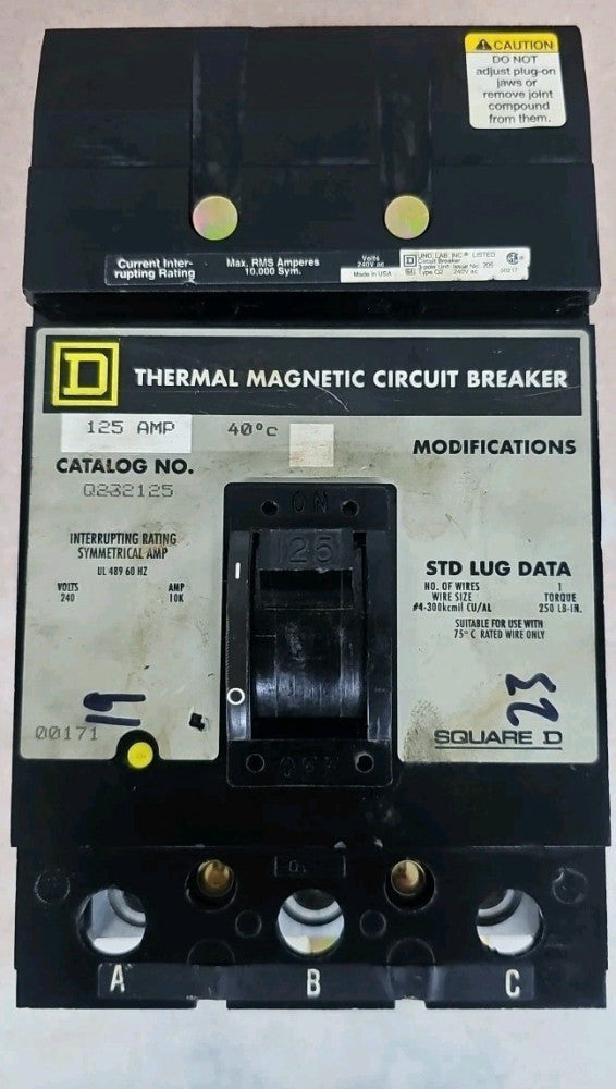Square D NTO Q232125 Circuit Breaker 125A 3-Pole 240VAC