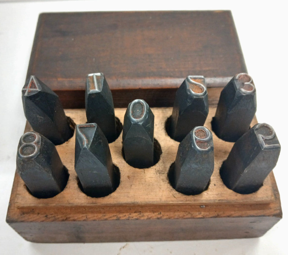 9 PIECE NUMBER AND 1 LETTER CARBON STEEL STAMP SET SIZE 7/16" OAL 2-13/16"