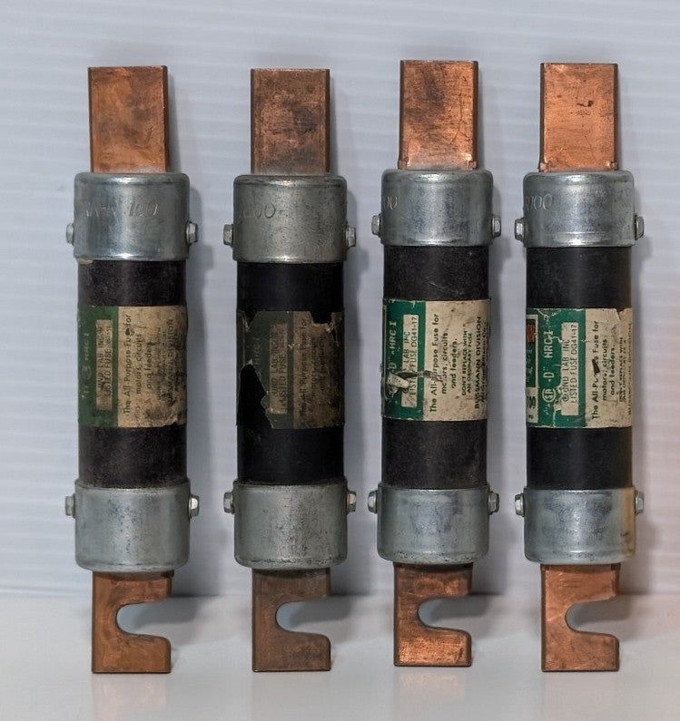 Lot of 4: Bussmann Fusetron FRN-R-100 Fuses, Time-Delay, Dual-Element, Class RK5