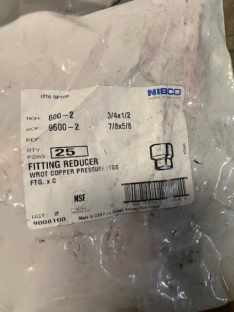 (25 PACK) Nibco Copper Reducer 600-2 3/4" x 1/2" FTGxC 9008100 (NEW)