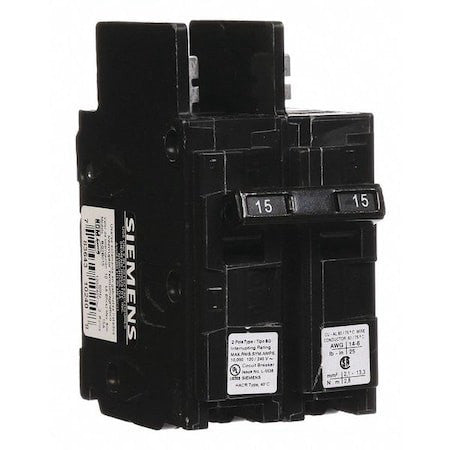 Siemens Bq2b015 Miniature Circuit Breaker, Bq Series, 15A, 2 Pole, 120/240V Ac,