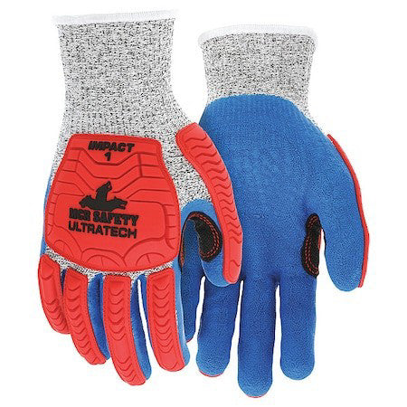 Mcr Safety Ut1951l Coated Gloves, Hypermax, ,Rough Palm, Knit, Blue/Red/White,
