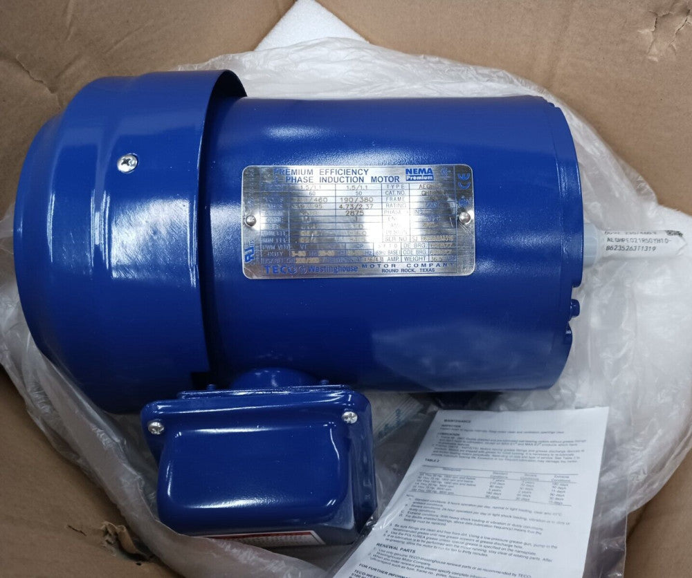 NEW TECO 1..5 HP AC ELECTRIC MOTOR 56 FRAME 230/460 VAC 3600 RPM TEFC GH1/52