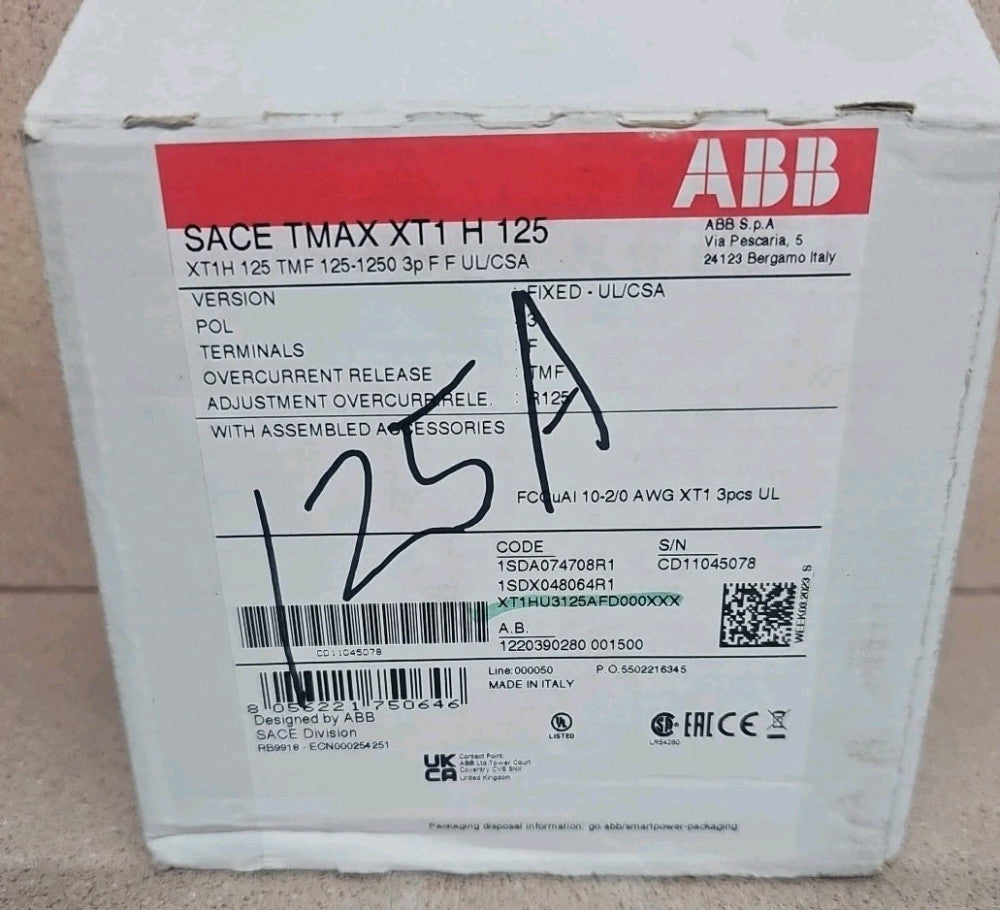 XT1HU3125AFD000XXX - ABB Bolt-On 600V 125A 3 pole circuit breaker NOS