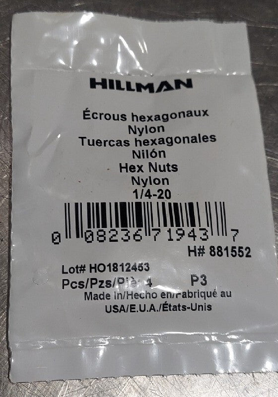 Lot Of 4 - P/N 881552 Hillman Nylon Hex Nut 1/4-20
