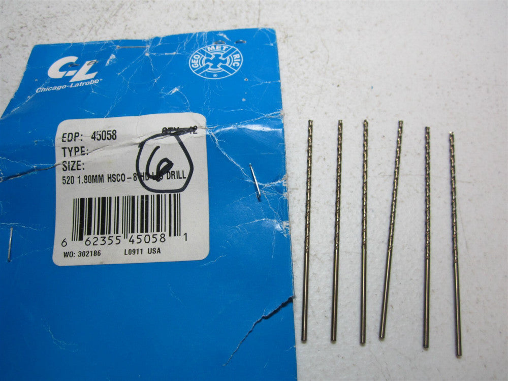 Chicago - Latrobe (45058) 1.8mm 135° Spiral Flute Cobalt Taper Drill Bit - Qty 6
