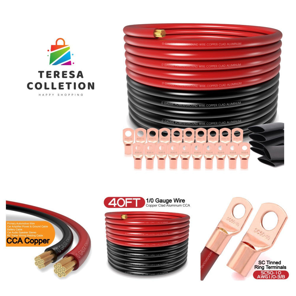 40FT 0 Gauge Copper Clad Aluminum Wire with Lugs & Shrink Tubes - 250A Capacity