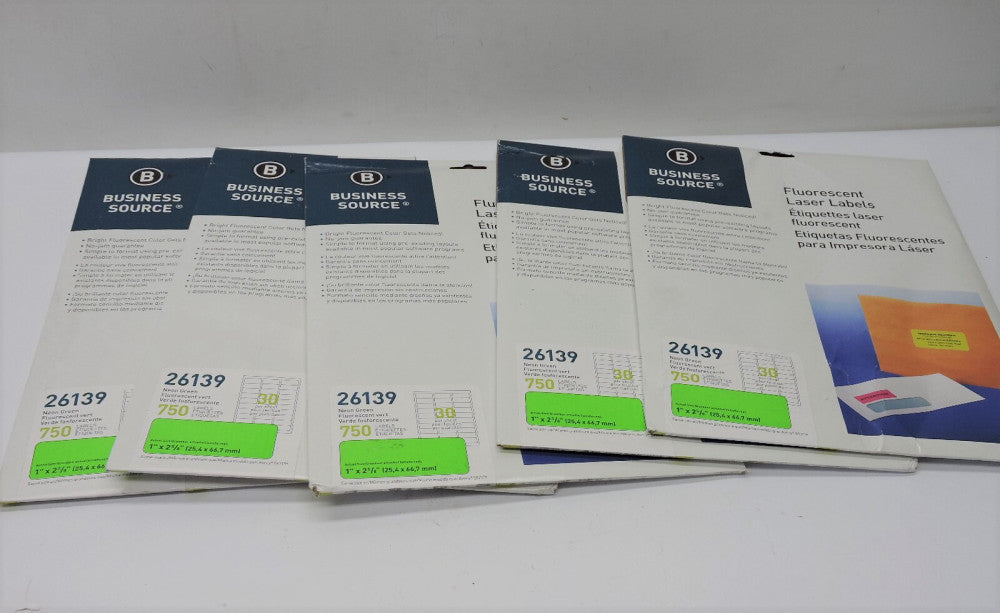 (5 Pk) Business Source Laser Label Fluorescent 1"x2-5/8" 750/PK Neon Green 26139